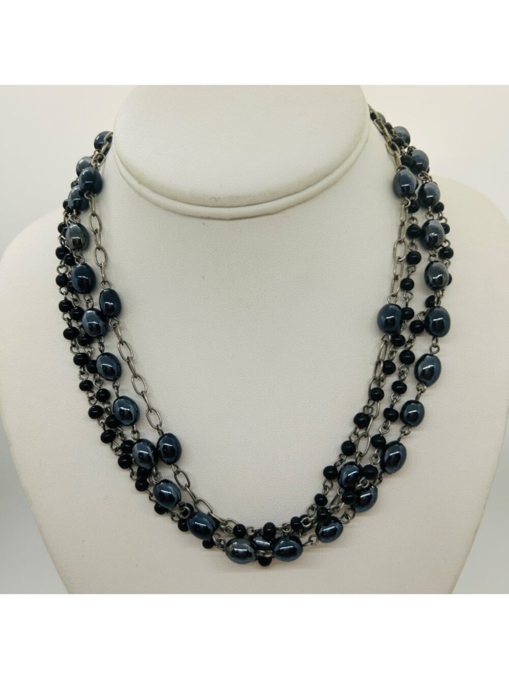 Multi-Strand Necklace Iridescent Blue and Black Glass Bead Layered Vintage